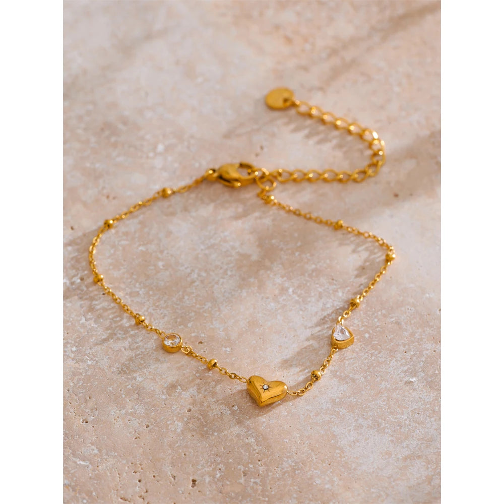 Exquisite Stainless Steel Zircon Heart Love Chain Bracelet Bangle for Women Rust Proof Charm Wrist Jewelry Accessories