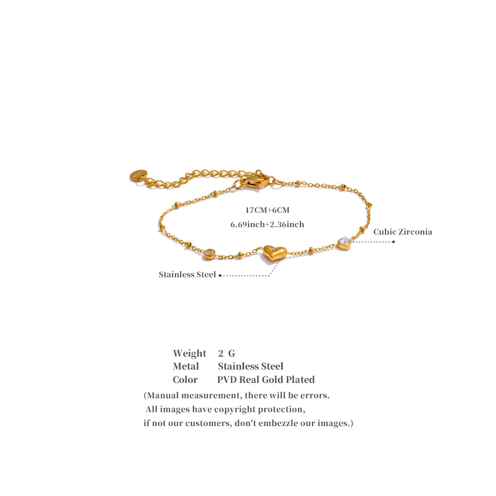 Exquisite Stainless Steel Zircon Heart Love Chain Bracelet Bangle for Women Rust Proof Charm Wrist Jewelry Accessories