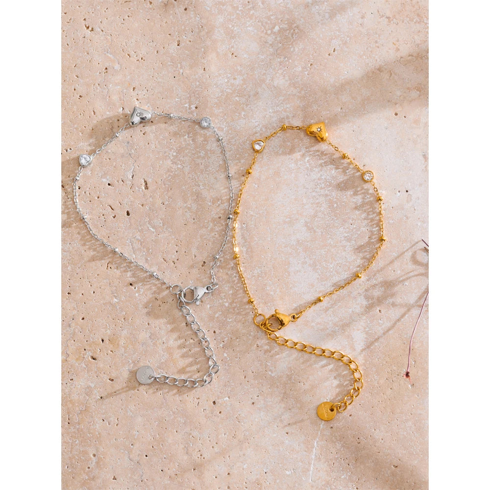 Exquisite Stainless Steel Zircon Heart Love Chain Bracelet Bangle for Women Rust Proof Charm Wrist Jewelry Accessories